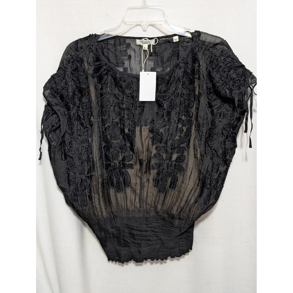 Max Studio London Black Embroidered Smocked Waist Blouse XL New